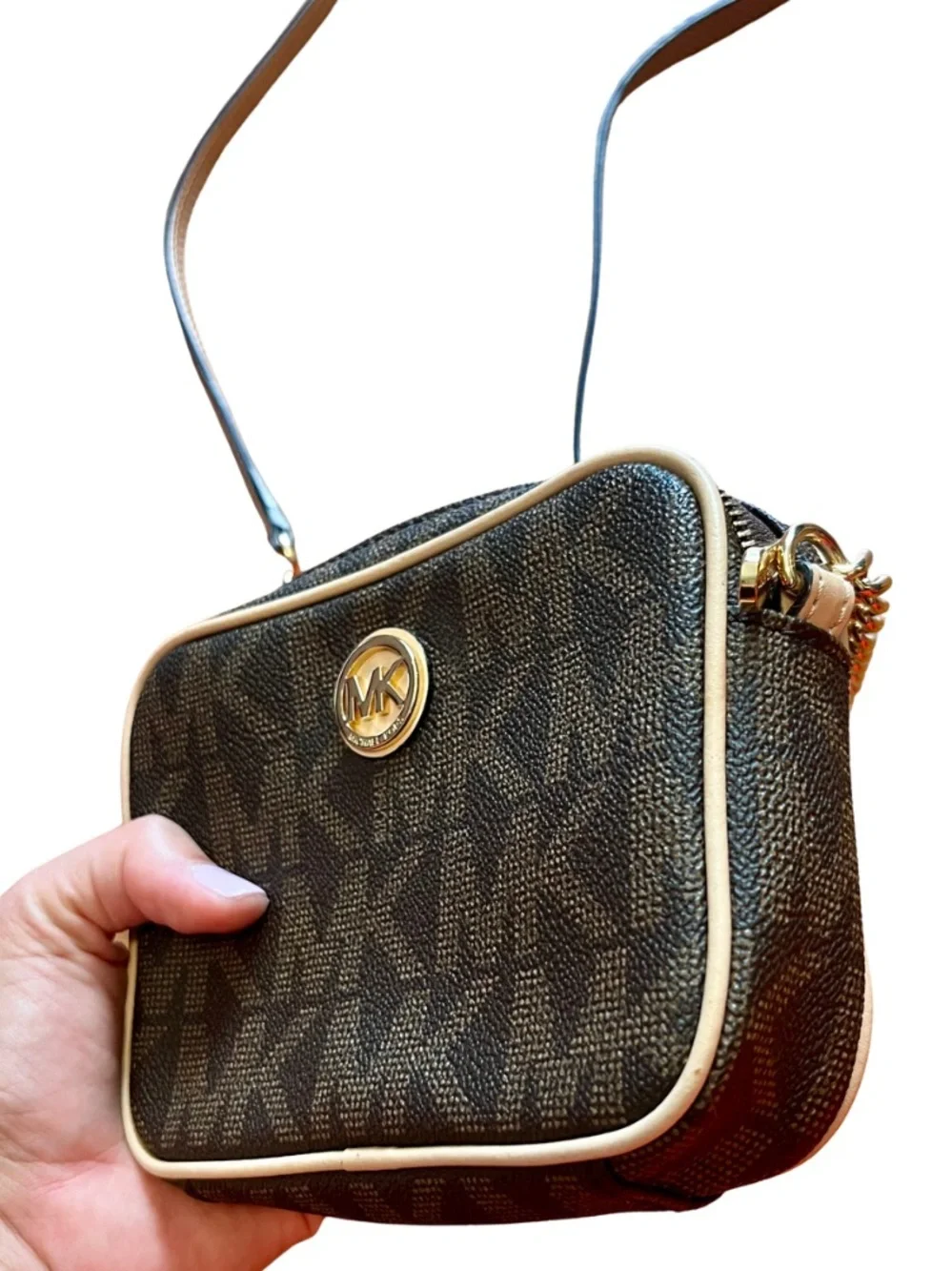 Michael Kors small (mini) crossbody Fulton brown - top zip EUC!